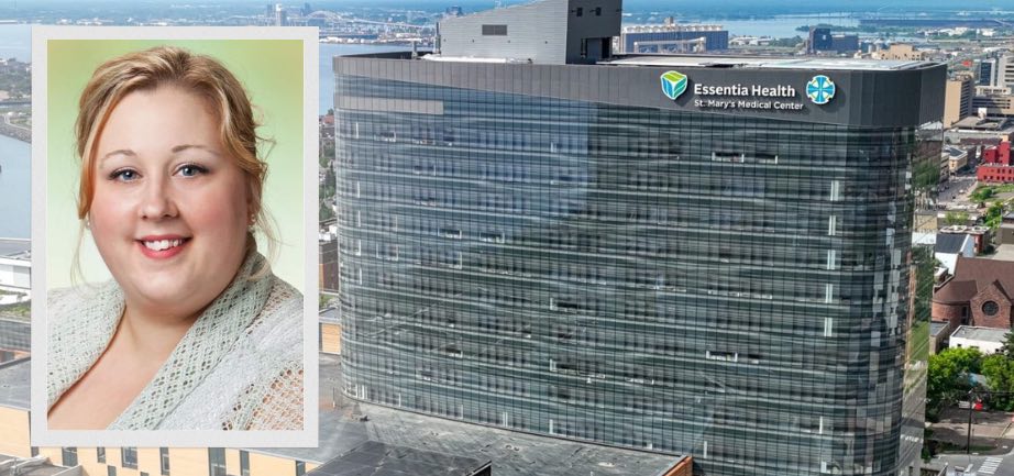 picture of a woman smiling over a photo of the exterior of a hospital