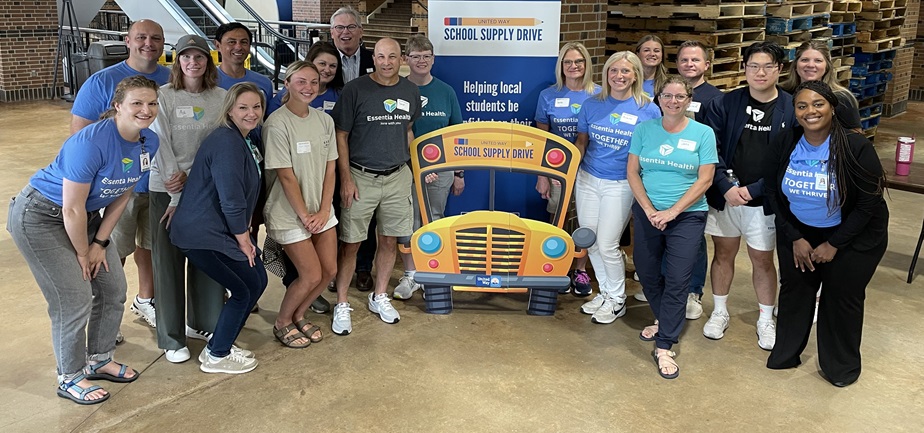 Essentia Health colleagues volunteered for the United Way of Cass-Clay School Supply Drive, helping unbox 1,000 backpacks and fill 878 pencil cases for K–2 students. 