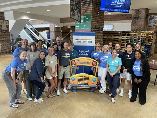 Essentia Health colleagues volunteered for the United Way of Cass-Clay School Supply Drive, helping unbox 1,000 backpacks and fill 878 pencil cases for K–2 students. 