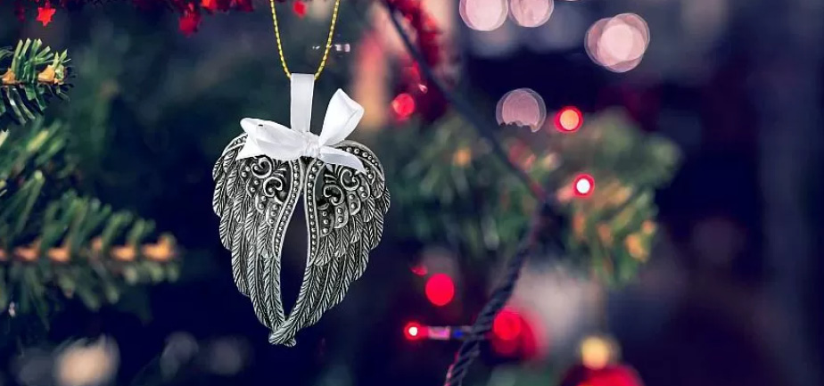 angel wings ornament in a tree