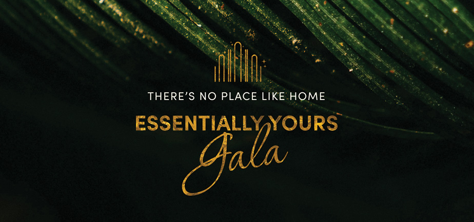 Green and gold image that says essentially yours gala