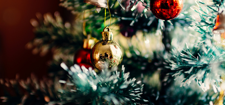 close up of ornaments on a tree