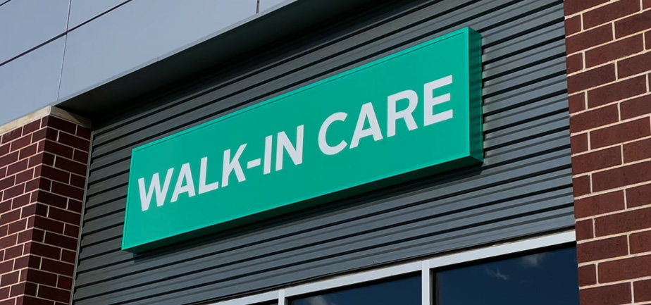 white letters that say walk-in care on a teal sign